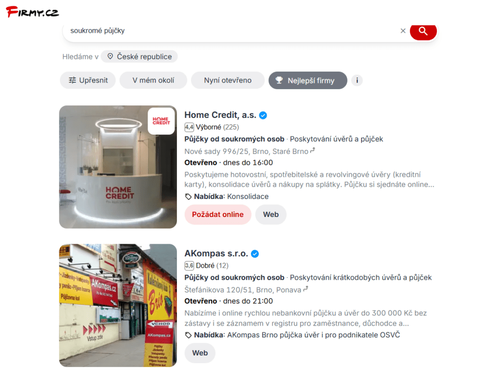 Recenze a zkušenosti uživatelů se soukromými poskytovateli půjček lze najít i na Firmy.cz.