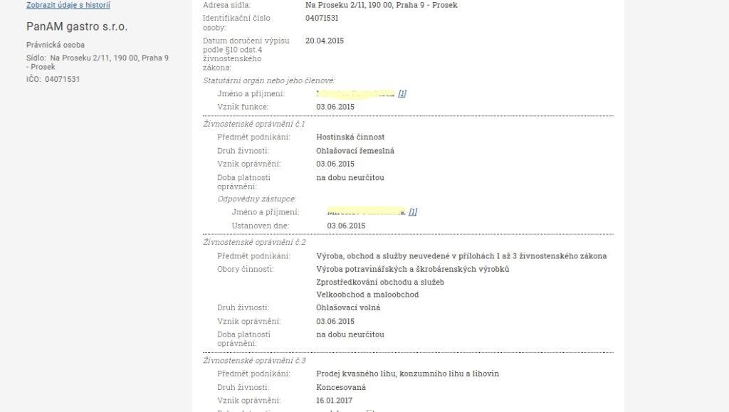 Ve výpisu z živnostenského rejstříku se lze dozvědět značné množství věcí, včetně adres provozovatelů a osobních dat.