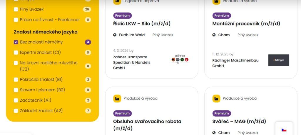 Některé pozice jsou nabízeny bez nutnosti cizího jazyka. Někdy to značí, že ve firmě pracuje větší počet zahraničních pracovníků a mluví mezi sebou jinak než německy.